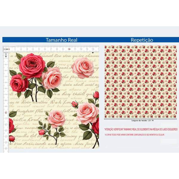 310052 - Tecido tricoline Digital BOUQUET ROSAS com letras vintage