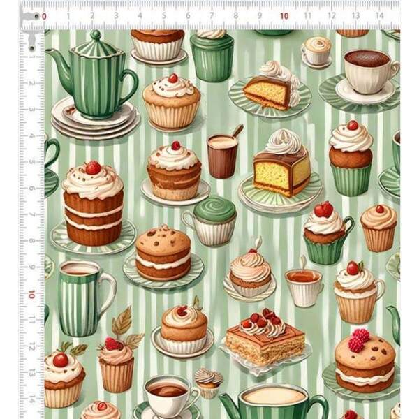 Tricoline Digital Estampa Caf� e Confeitaria ? Cupcakes e Sobremesas ? Algod�o 100%