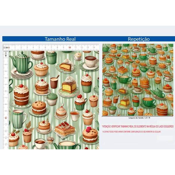 Tricoline Digital Estampa Caf� e Confeitaria ? Cupcakes e Sobremesas ? Algod�o 100%